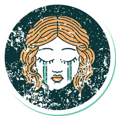 iconic distressed sticker tattoo style image of female face crying
