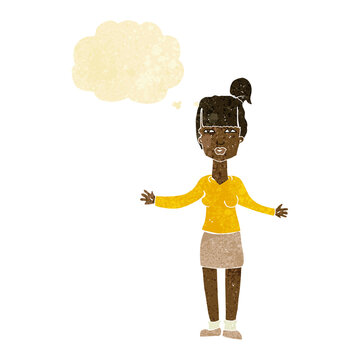 recommend clip art: cartoon woman shrugging shoulders with thought bubble