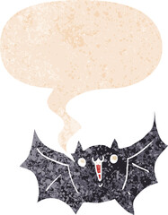 cartoon happy vampire bat with speech bubble in grunge distressed retro textured style
