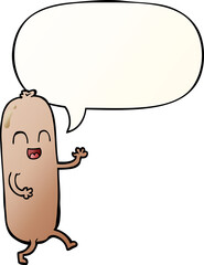 cartoon dancing sausage with speech bubble in smooth gradient style