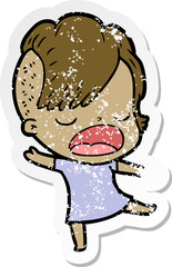 distressed sticker of a cartoon cool hipster girl talking