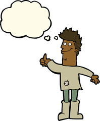 cartoon positive thinking man in rags with thought bubble