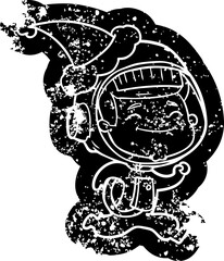 happy quirky cartoon distressed icon of a astronaut wearing santa hat