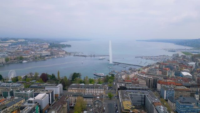 Famous fountain on Lake Leman in Geneva - aerial view by drone