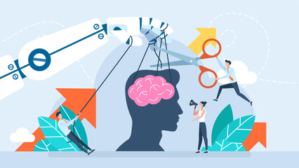 Artificial Intelligence controls human. Dependence on technology. A specialist helps to escape from the influence of AI. Robot hand manipulating brain. Robot puppet master. Flat vector illustration