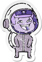 distressed sticker of a cartoon laughing astronaut