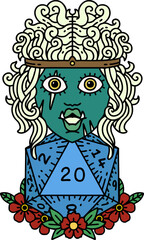 Retro Tattoo Style orc barbarian with natural twenty dice roll