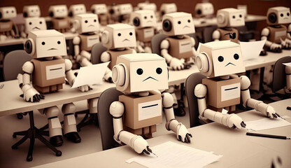 Students cheating with AI, AI-assisted cheating. Impact of ChatGPT on academic integrity & education. AI-driven cheating among students. Cheating in school. Illustration created with Generative AI.