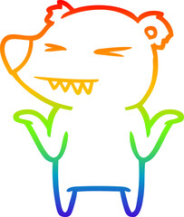 rainbow gradient line drawing of a angry polar bear cartoon shrugging shoulders