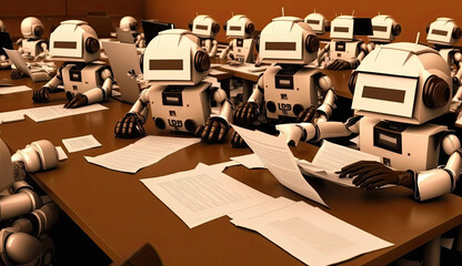 Students cheating with AI, AI-assisted cheating. Impact of ChatGPT on academic integrity & education. AI-driven cheating among students. Cheating in school. Illustration created with Generative AI.