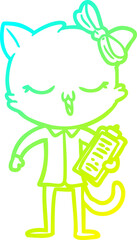 cold gradient line drawing of a cartoon cat with bow on head