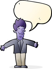 cartoon happy vampire with speech bubble