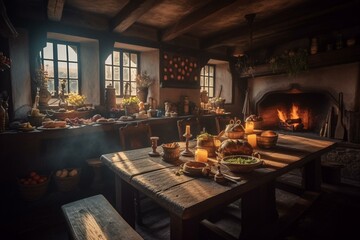 Medieval tavern interior with food, drink, fireplace, and candles. Daylight filters through a window. Generative AI