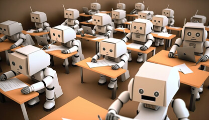 Students cheating with AI, AI-assisted cheating. Impact of ChatGPT on academic integrity & education. AI-driven cheating among students. Cheating in school. Illustration created with Generative AI.