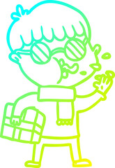 cold gradient line drawing of a cartoon boy wearing spectacles with christmas gift