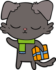cute cartoon dog with christmas present