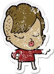 distressed sticker of a cartoon pretty hipster girl