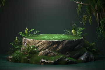 Display podium for product presentation in front of a nature landscape with generative ai 