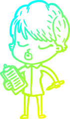 cold gradient line drawing of a cartoon woman with eyes shut