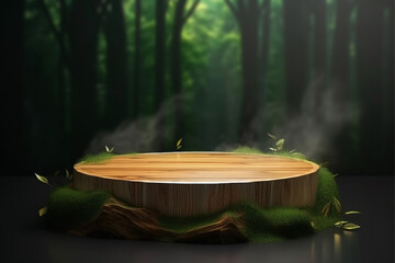 Display podium for product presentation in front of a nature landscape with generative ai 