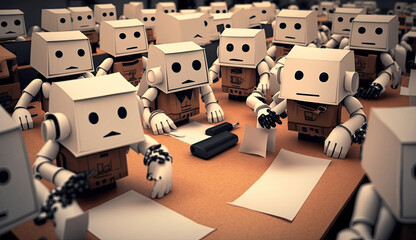 Students cheating with AI, AI-assisted cheating. Impact of ChatGPT on academic integrity & education. AI-driven cheating among students. Cheating in school. Illustration created with Generative AI.