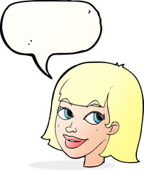 cartoon happy female face with speech bubble