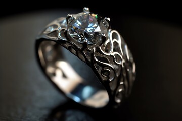 Reflective 3d Engagement Ring With Diamond In White Gold Or Silver. Generative AI