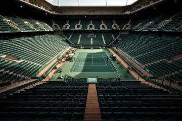 Fototapeta na wymiar Players perspective on entire tennis court. Generative AI