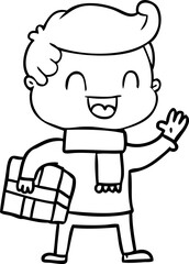 cartoon laughing man holding gift