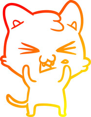 warm gradient line drawing of a cartoon cat hissing