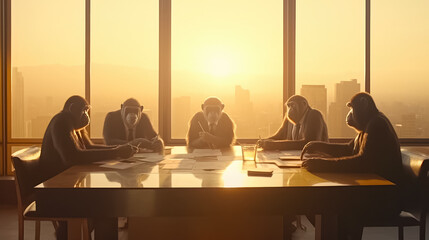 Monkeys business team in the office, silhouette at sunset light. Generative AI - 595938269