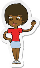 sticker of a cartoon woman waving