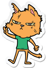 sticker of a tough cartoon cat giving victory sign