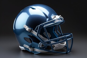 3D rendered metallic blue American football helmet isolated on grey background. Generative AI
