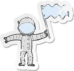 retro distressed sticker of a cartoon astronaut with flag