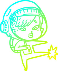 cold gradient line drawing of a cartoon astronaut woman