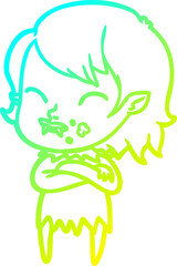 cold gradient line drawing of a cartoon vampire girl with blood on cheek