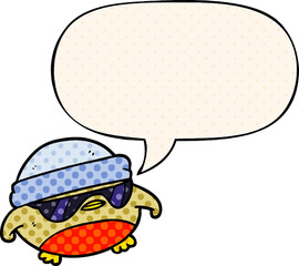 cool christmas robin cartoon with sunglasses with speech bubble in comic book style