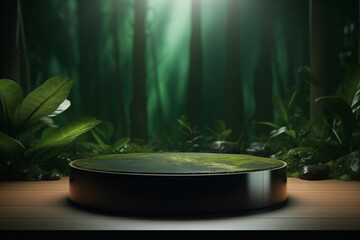 Display podium for product presentation in front of a nature landscape with generative ai 