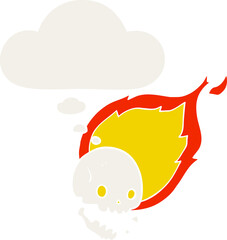 spooky cartoon flaming skull with thought bubble in retro style