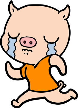cartoon pig crying running away