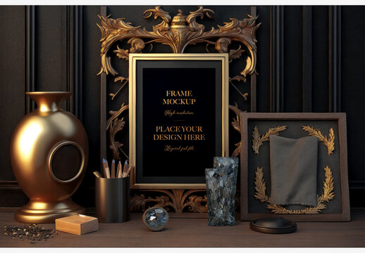 Stunning Gold Accents On Black: Picture Frame, Vase & More On A Table With Black Wall And Blackboard Background Frame Mockup Template Generative AI