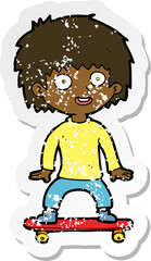 retro distressed sticker of a cartoon boy on skateboard
