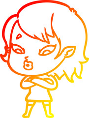 warm gradient line drawing of a cute cartoon vampire girl