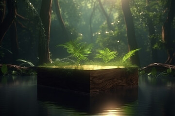 Display podium for product presentation in front of a nature landscape with generative ai 