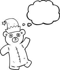 freehand drawn thought bubble cartoon teddy bear wearing christmas hat