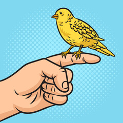 canary bird on finger pinup pop art retro raster illustration. Comic book style imitation.