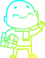 cold gradient line drawing of a happy cartoon bald man