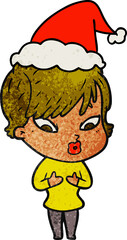 hand drawn textured cartoon of a woman wearing santa hat