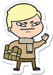 sticker of a cartoon angry man carrying parcel